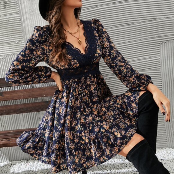 Boho floral Print Lace Ruffle Hem Mini Dress Cottagecore - Picture 3 of 4